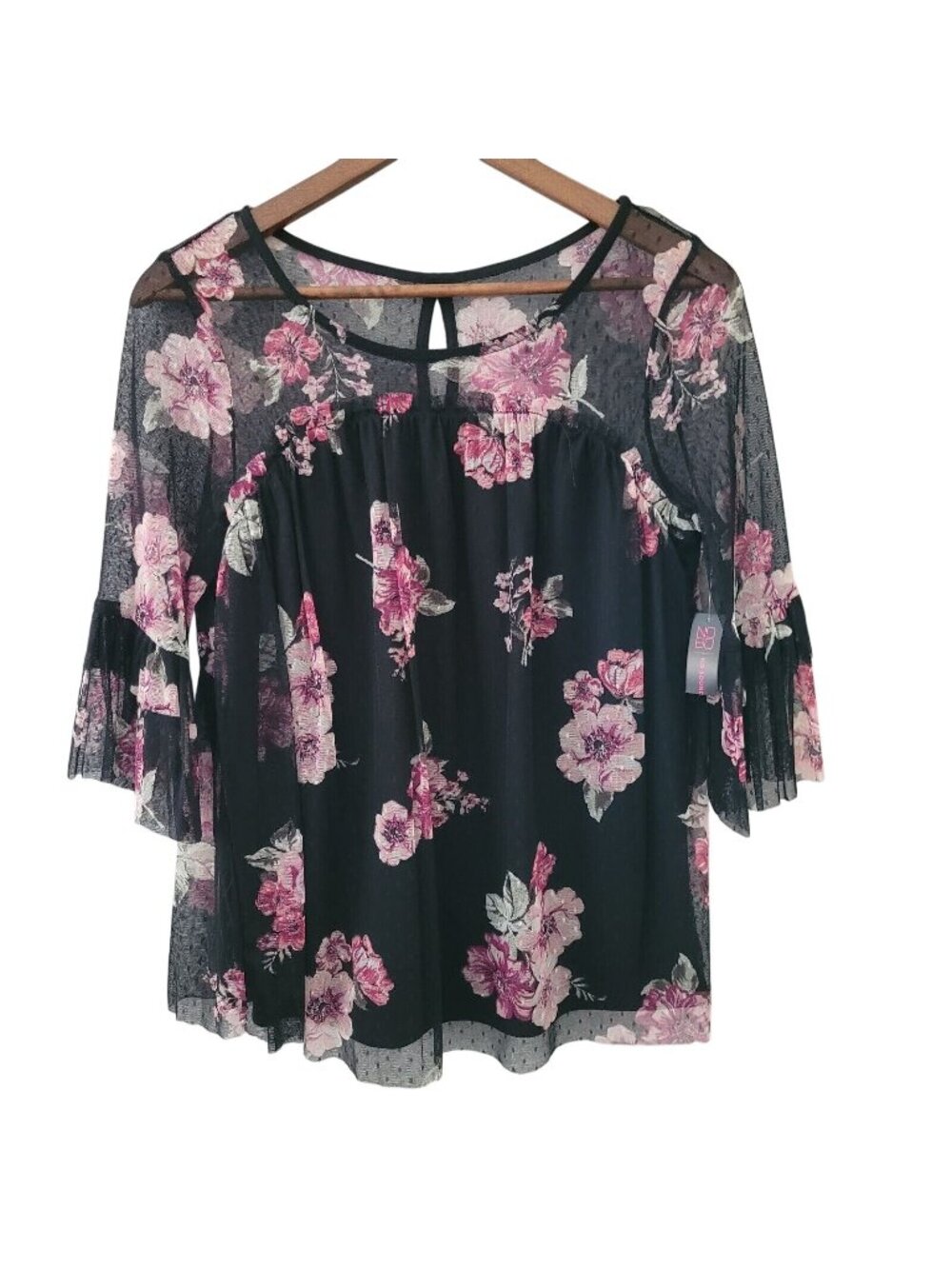 No Boundaries Mesh Floral Blouse Juniors Size M (7-9) Black Pink Whimsigoth NWT